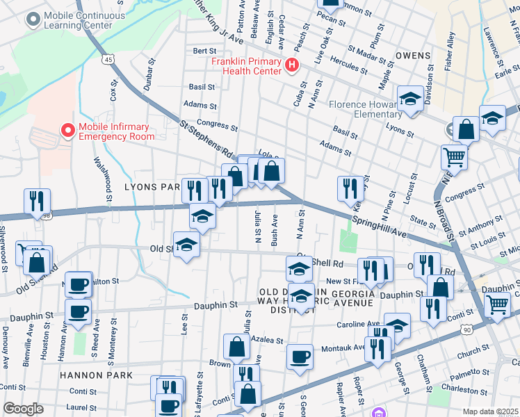 map of restaurants, bars, coffee shops, grocery stores, and more near 1342 Spring Hill Avenue in Mobile