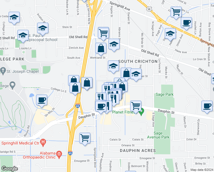 map of restaurants, bars, coffee shops, grocery stores, and more near 3250 Dauphin Street in Mobile