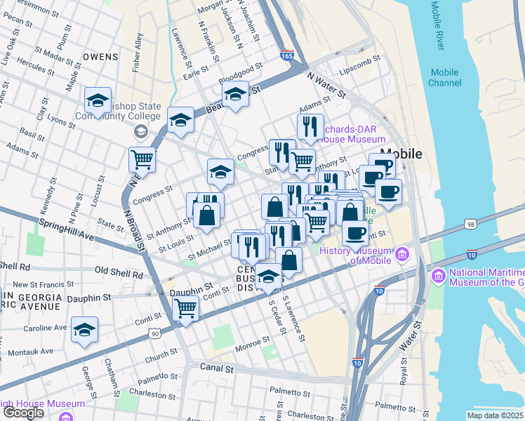map of restaurants, bars, coffee shops, grocery stores, and more near 451 Saint Louis Street in Mobile