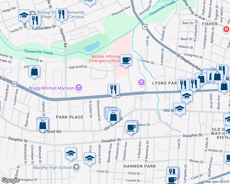 map of restaurants, bars, coffee shops, grocery stores, and more near Mobile Infirmary Boulevard in Mobile