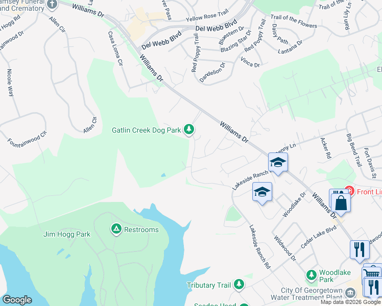map of restaurants, bars, coffee shops, grocery stores, and more near 4880 Williams Drive in Georgetown