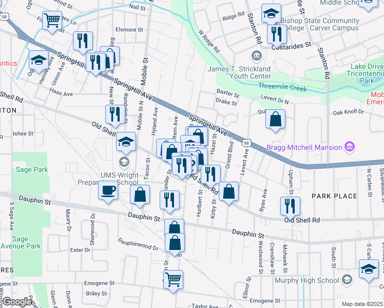 map of restaurants, bars, coffee shops, grocery stores, and more near 100 North Florida Street in Mobile