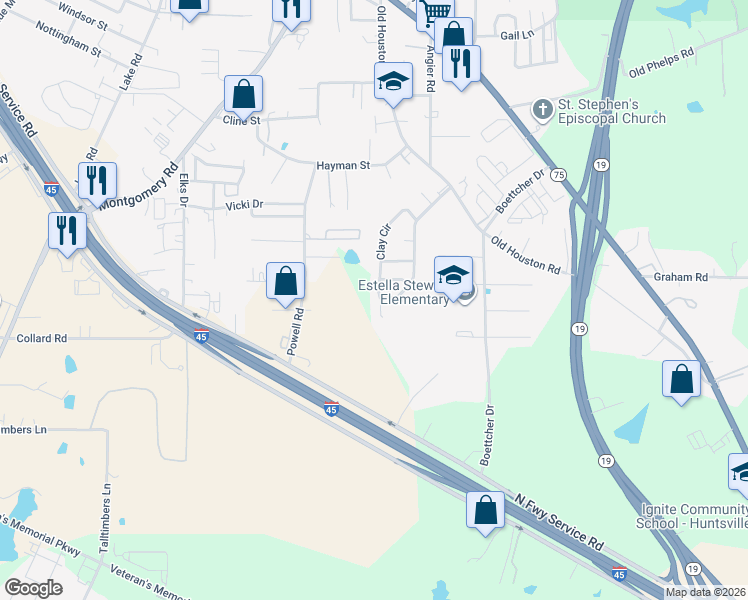 map of restaurants, bars, coffee shops, grocery stores, and more near 3145 Clay Circle in Huntsville