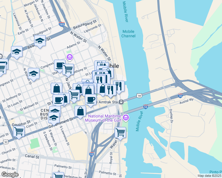 map of restaurants, bars, coffee shops, grocery stores, and more near in Mobile