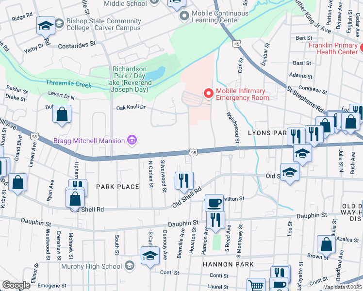 map of restaurants, bars, coffee shops, grocery stores, and more near 163 Mobile Infirmary Boulevard in Mobile