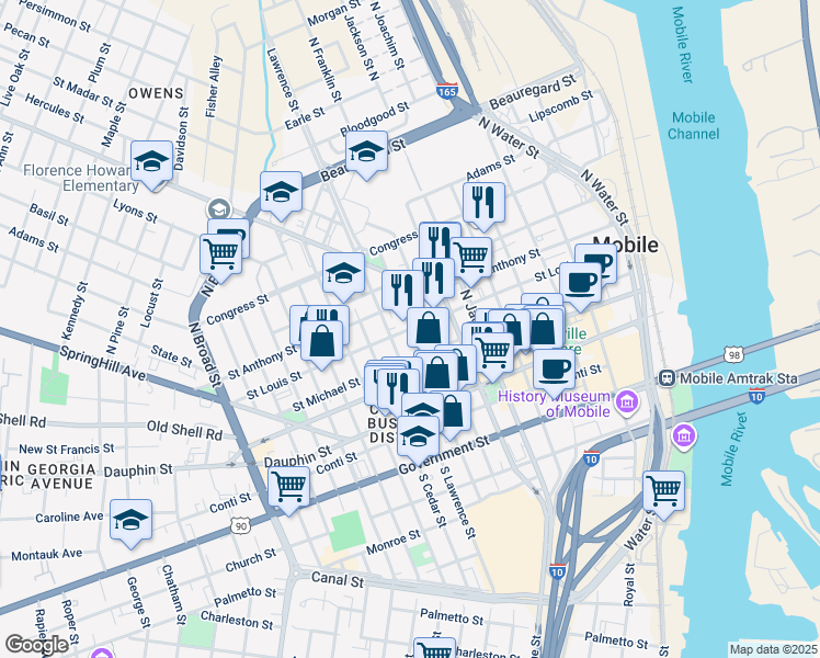 map of restaurants, bars, coffee shops, grocery stores, and more near 451 Saint Louis Street in Mobile