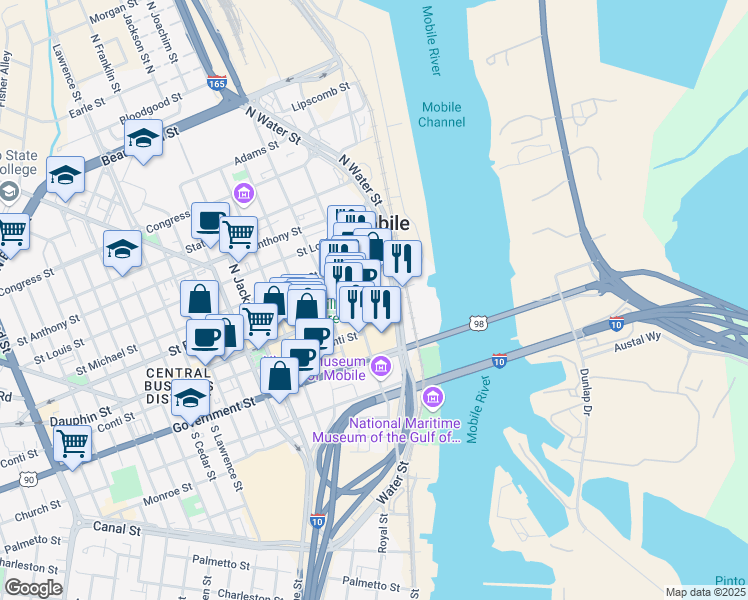 map of restaurants, bars, coffee shops, grocery stores, and more near 51 Dauphin Street in Mobile