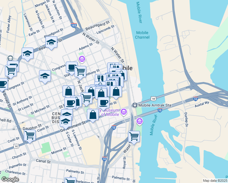 map of restaurants, bars, coffee shops, grocery stores, and more near 24 North Royal Street in Mobile
