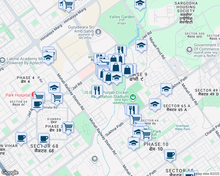 map of restaurants, bars, coffee shops, grocery stores, and more near 4 Mohali Stadium Road in Sahibzada Ajit Singh Nagar