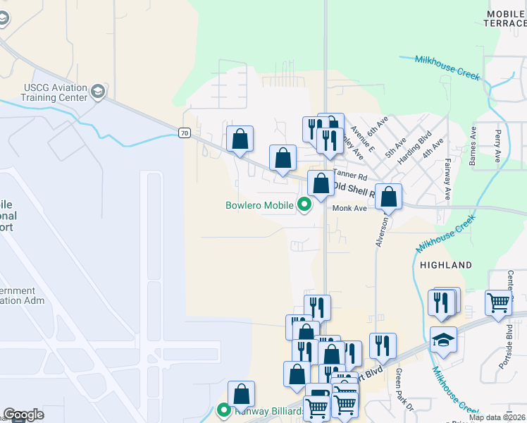 map of restaurants, bars, coffee shops, grocery stores, and more near 7906 Park Place Drive South in Mobile
