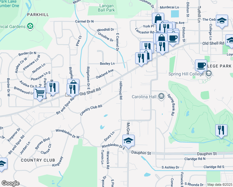 map of restaurants, bars, coffee shops, grocery stores, and more near 1 Country Club Road in Mobile