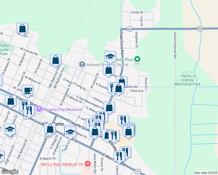 map of restaurants, bars, coffee shops, grocery stores, and more near 616 East Lincoln Road in Ville Platte