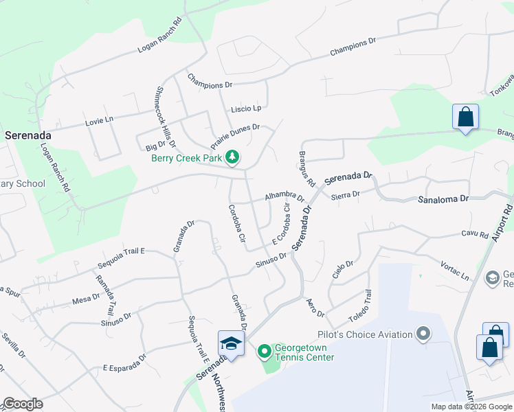 map of restaurants, bars, coffee shops, grocery stores, and more near 4401 Luna Trail in Georgetown