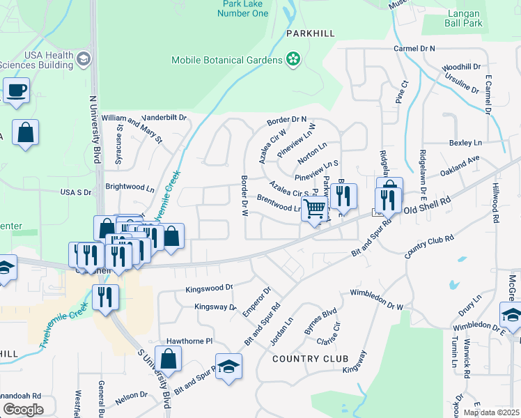 map of restaurants, bars, coffee shops, grocery stores, and more near 5217 Brentwood Lane in Mobile