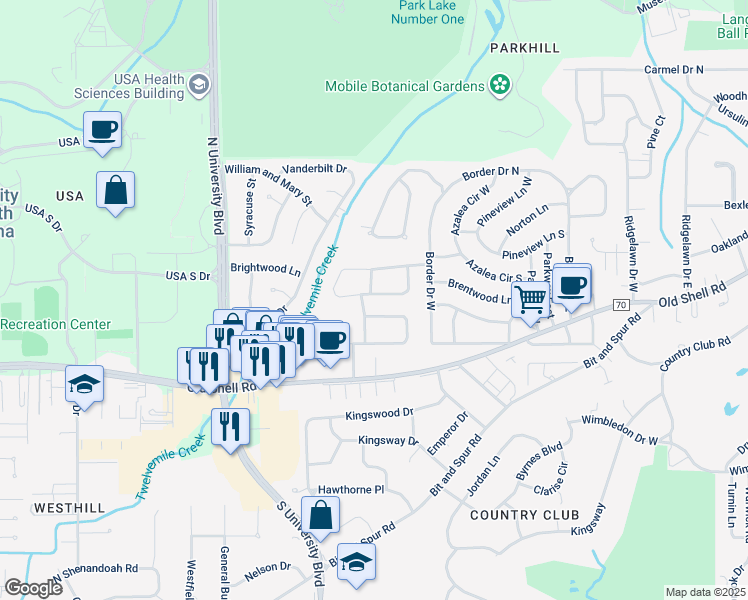 map of restaurants, bars, coffee shops, grocery stores, and more near 5420-5448 South Norden Drive in Mobile