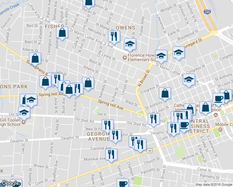 map of restaurants, bars, coffee shops, grocery stores, and more near 202 North Pine Street in Mobile