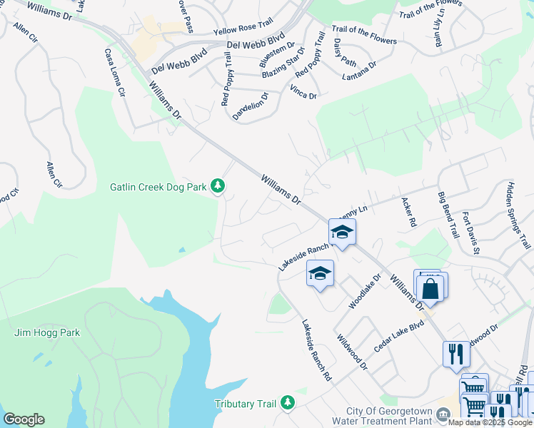 map of restaurants, bars, coffee shops, grocery stores, and more near 105 Driftwood Hills Way in Georgetown