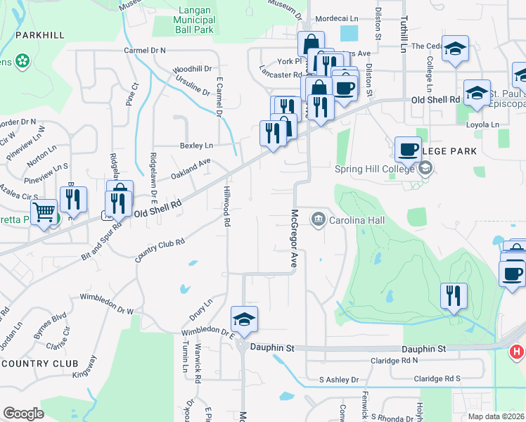 map of restaurants, bars, coffee shops, grocery stores, and more near 102 Eaton Square in Mobile