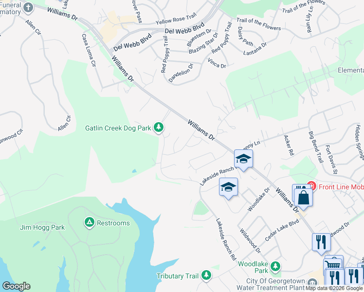 map of restaurants, bars, coffee shops, grocery stores, and more near 105 Driftwood Hills Way in Georgetown