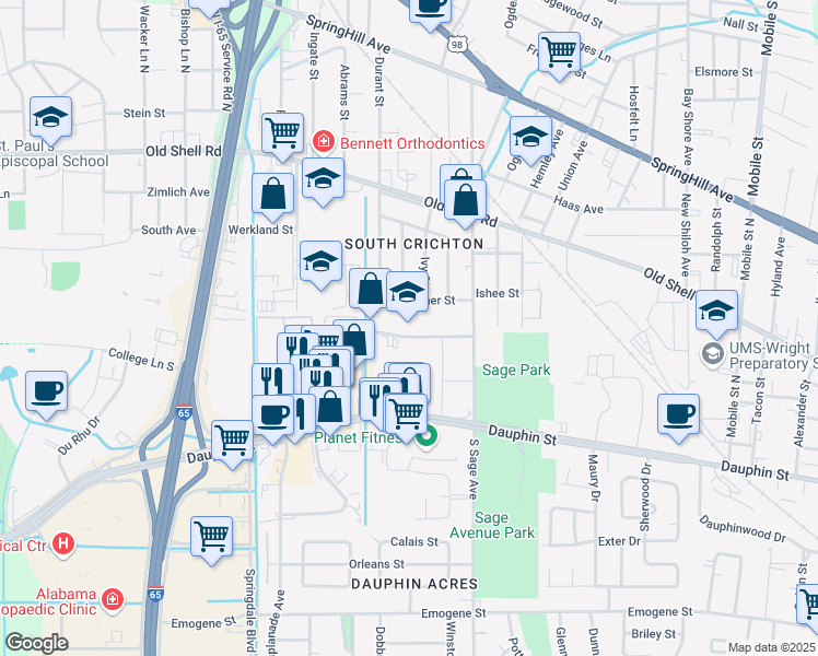 map of restaurants, bars, coffee shops, grocery stores, and more near 3058 Dauphin Square Conn in Mobile