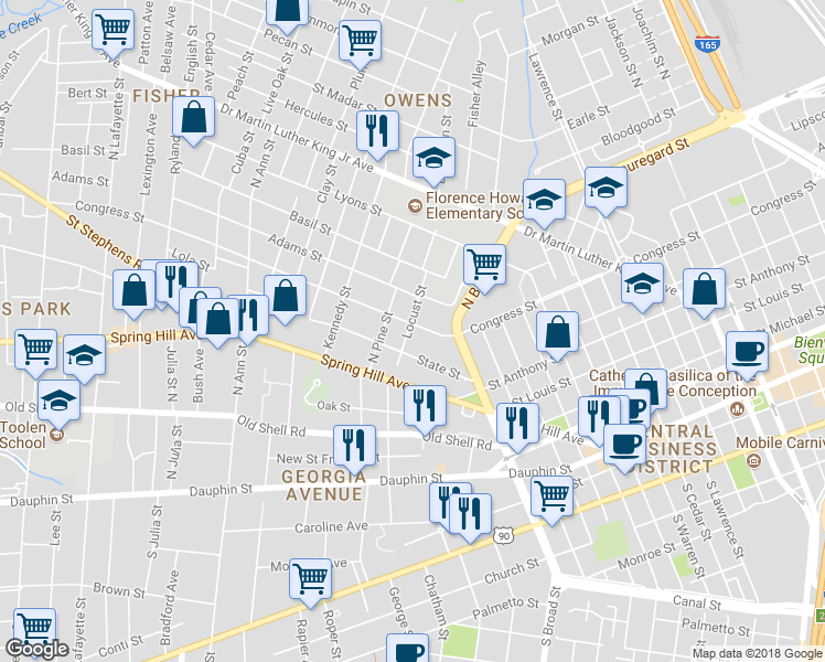 map of restaurants, bars, coffee shops, grocery stores, and more near 216 Locust Street in Mobile