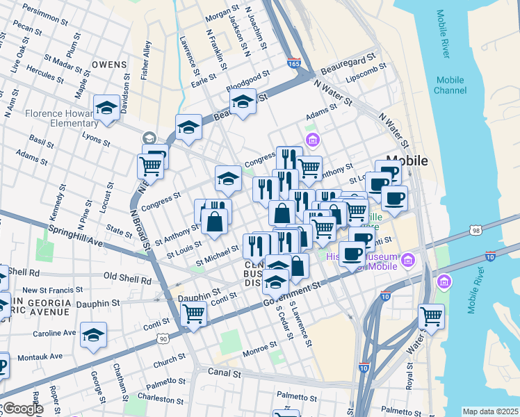 map of restaurants, bars, coffee shops, grocery stores, and more near 307 Saint Anthony Street in Mobile