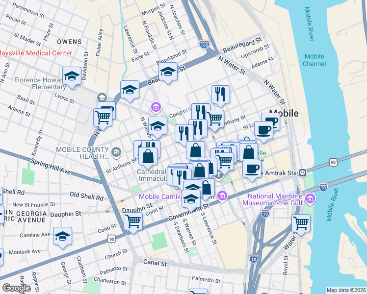 map of restaurants, bars, coffee shops, grocery stores, and more near 430 Saint Louis Street in Mobile