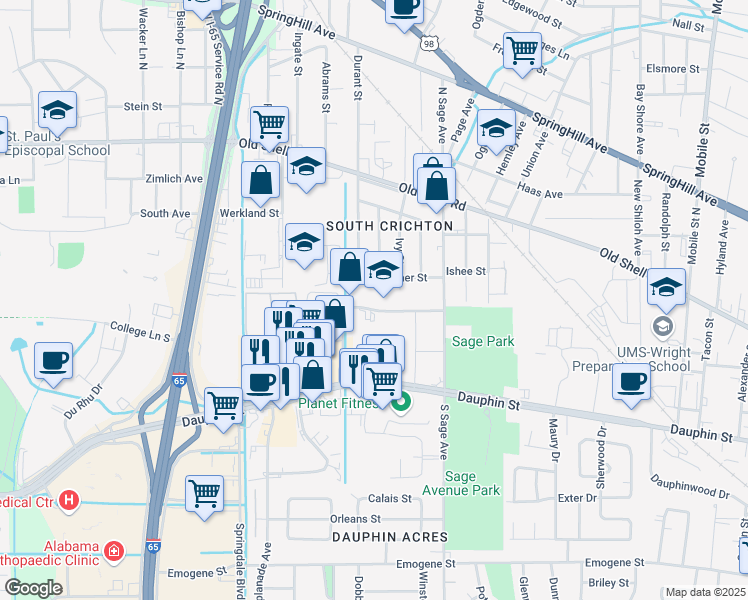 map of restaurants, bars, coffee shops, grocery stores, and more near 3058 Dauphin Square Conn in Mobile