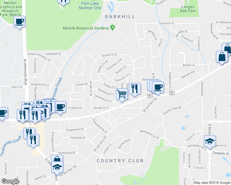 map of restaurants, bars, coffee shops, grocery stores, and more near 5158 Brentwood Lane in Mobile
