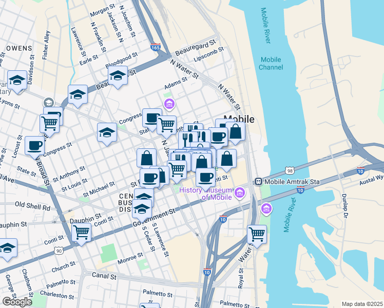 map of restaurants, bars, coffee shops, grocery stores, and more near 204 Saint Michael Street in Mobile