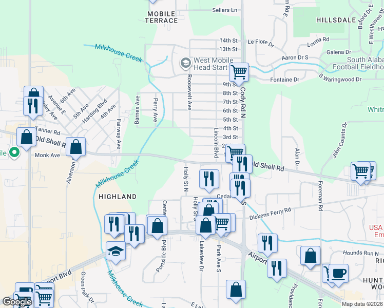 map of restaurants, bars, coffee shops, grocery stores, and more near 7298 1st Street in Mobile