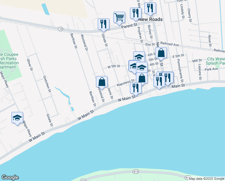 map of restaurants, bars, coffee shops, grocery stores, and more near 100 Janis Street in New Roads