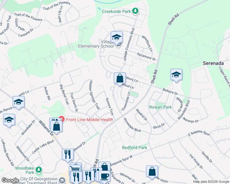 map of restaurants, bars, coffee shops, grocery stores, and more near 169 Village Commons Boulevard in Georgetown