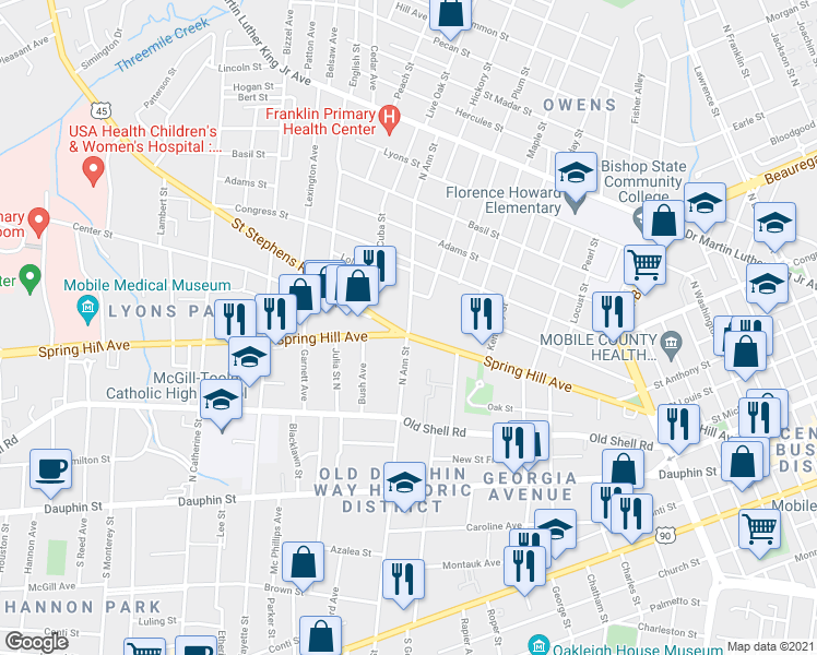 map of restaurants, bars, coffee shops, grocery stores, and more near 151 North Ann Street in Mobile