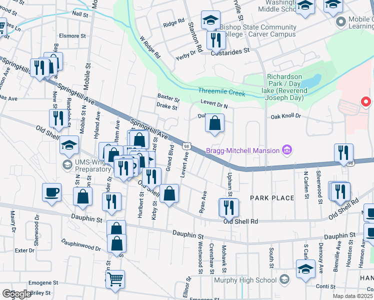 map of restaurants, bars, coffee shops, grocery stores, and more near 216 Levert Street in Mobile