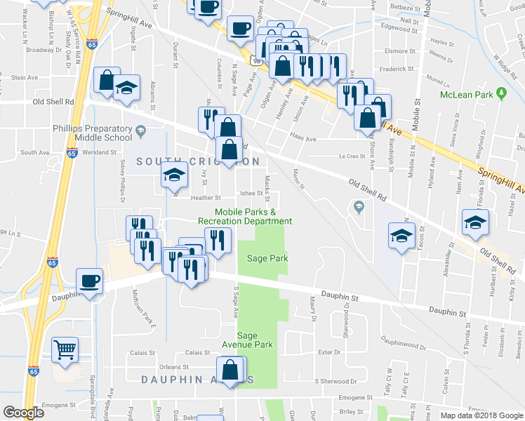 map of restaurants, bars, coffee shops, grocery stores, and more near 55 Macks St in Mobile