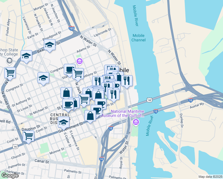 map of restaurants, bars, coffee shops, grocery stores, and more near 24 North Royal Street in Mobile