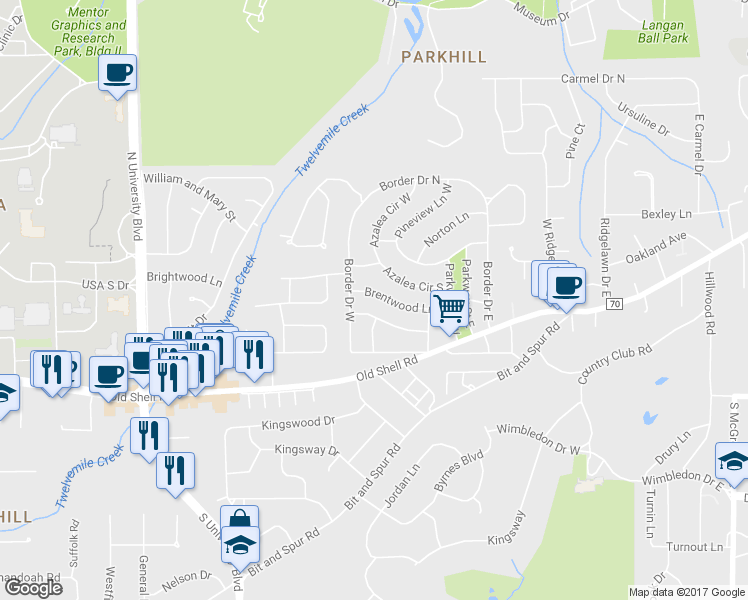 map of restaurants, bars, coffee shops, grocery stores, and more near 5217 Brentwood Lane in Mobile