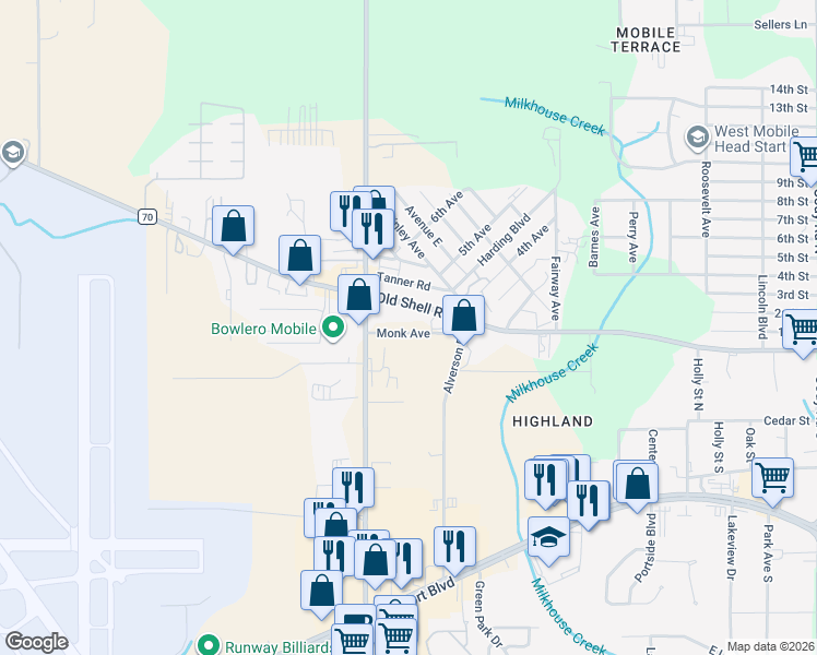 map of restaurants, bars, coffee shops, grocery stores, and more near 7746 Monk Avenue in Mobile