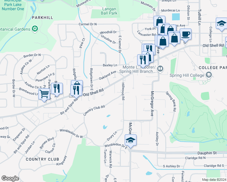 map of restaurants, bars, coffee shops, grocery stores, and more near 4 Springhill Trace in Mobile