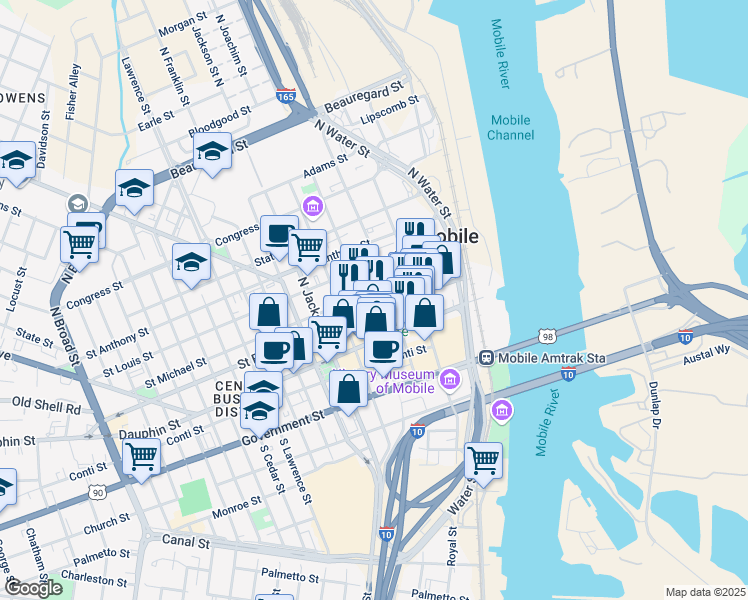 map of restaurants, bars, coffee shops, grocery stores, and more near 51 Saint Joseph Street in Mobile