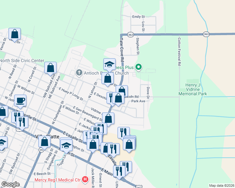 map of restaurants, bars, coffee shops, grocery stores, and more near 1001 Tate Cove Road in Ville Platte