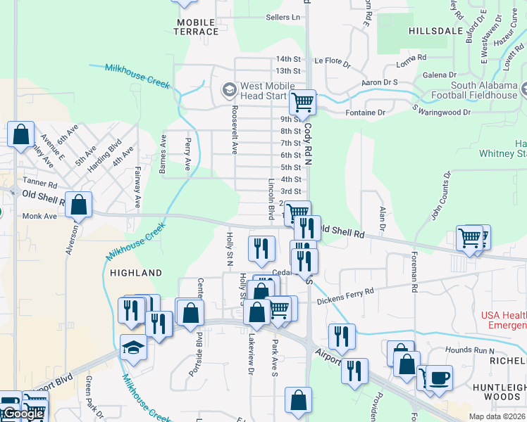 map of restaurants, bars, coffee shops, grocery stores, and more near 7214 1st St in Mobile