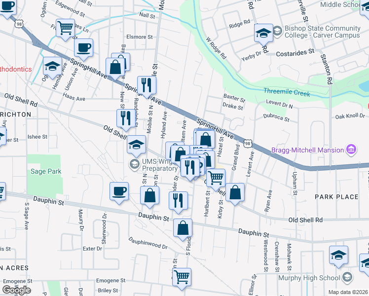 map of restaurants, bars, coffee shops, grocery stores, and more near 118 Item Avenue in Mobile