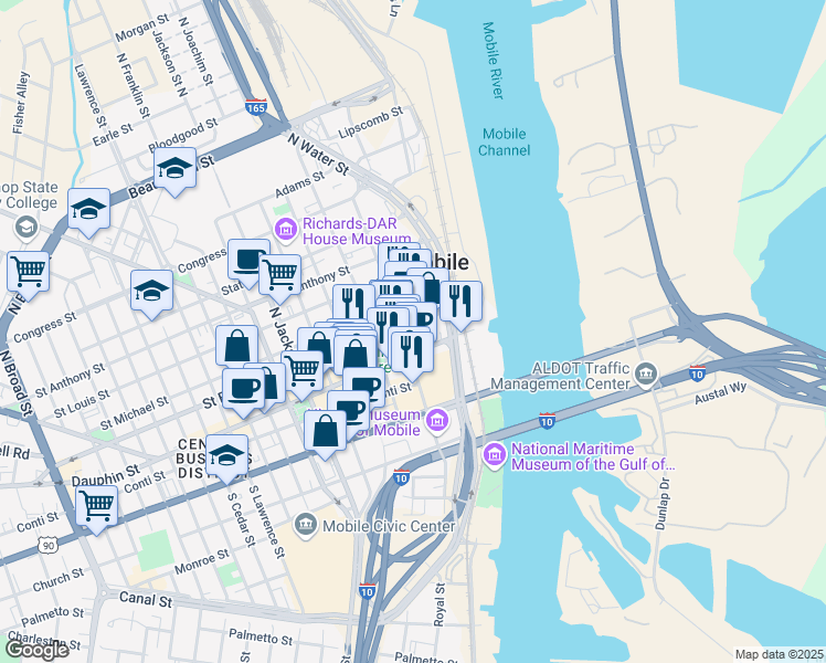 map of restaurants, bars, coffee shops, grocery stores, and more near 26 North Royal Street in Mobile