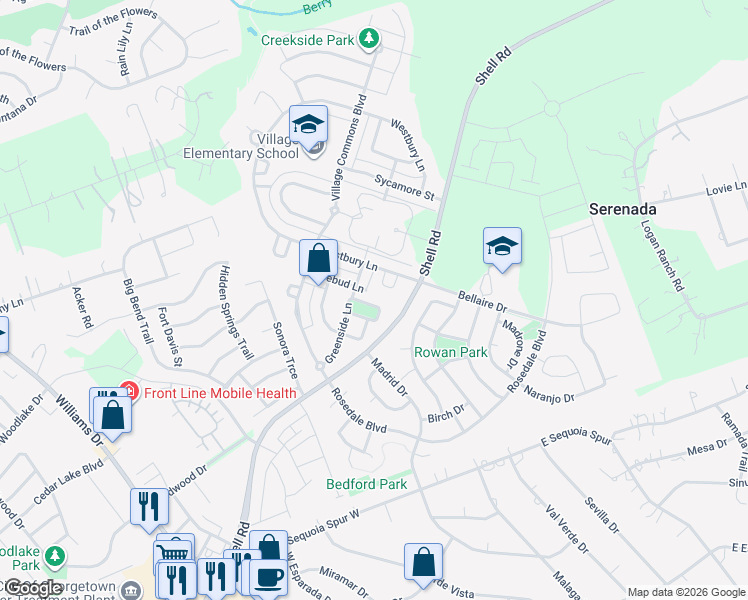 map of restaurants, bars, coffee shops, grocery stores, and more near 118 Summers Green in Georgetown