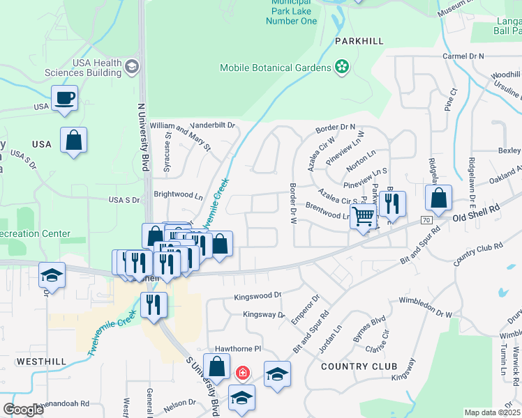 map of restaurants, bars, coffee shops, grocery stores, and more near 5420 South Norden Drive in Mobile
