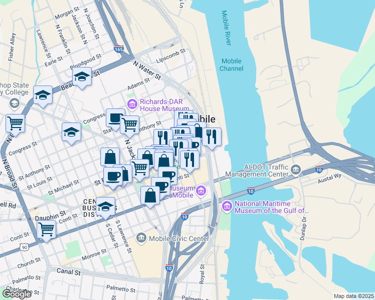 map of restaurants, bars, coffee shops, grocery stores, and more near 26 North Royal Street in Mobile