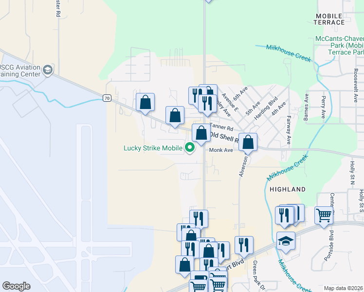 map of restaurants, bars, coffee shops, grocery stores, and more near 7881 Park Place Drive North in Mobile