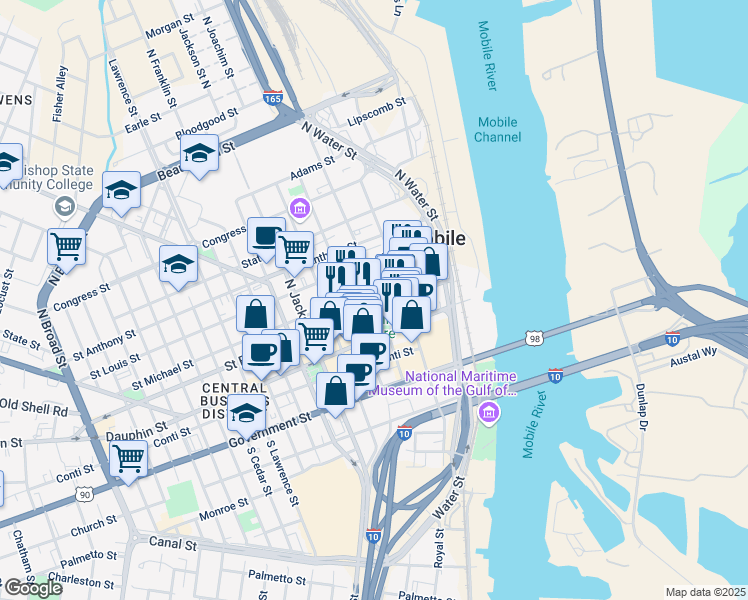 map of restaurants, bars, coffee shops, grocery stores, and more near 51 Saint Joseph Street in Mobile